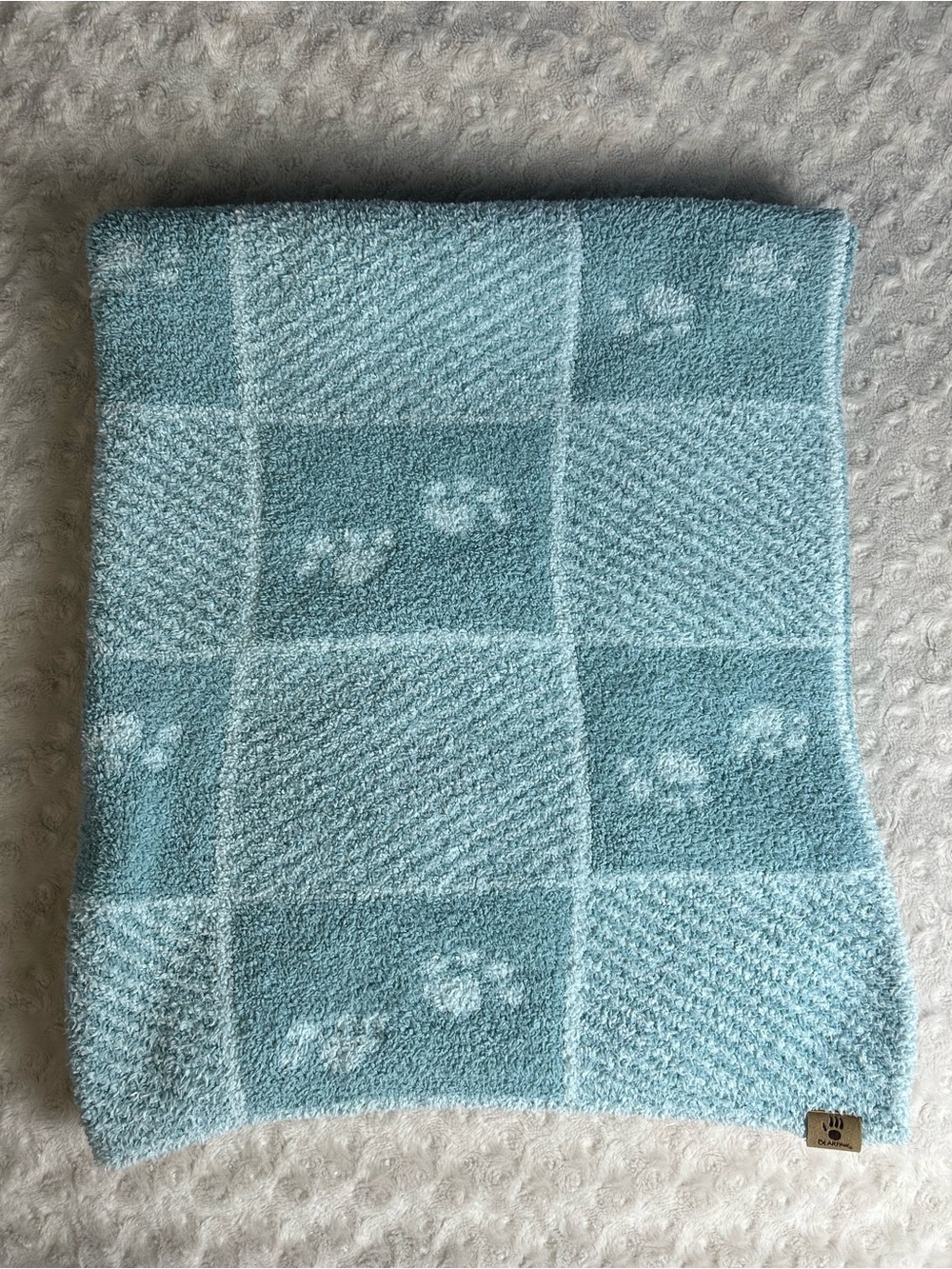 BearPaw Blue Paw Print Baby Blanket Chenille Soft Knit Squares Lovey